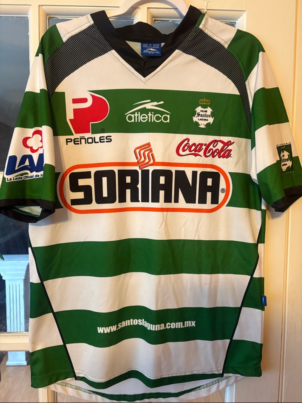 Retro Santos Laguna Green & White Striped Soccer Jersey - Soriana Sponsor